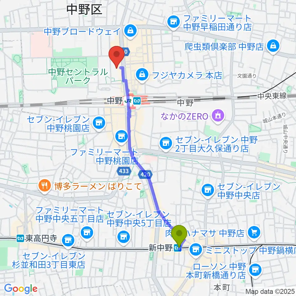 新中野駅から中野サンプラザホールへのルートマップ MDATA