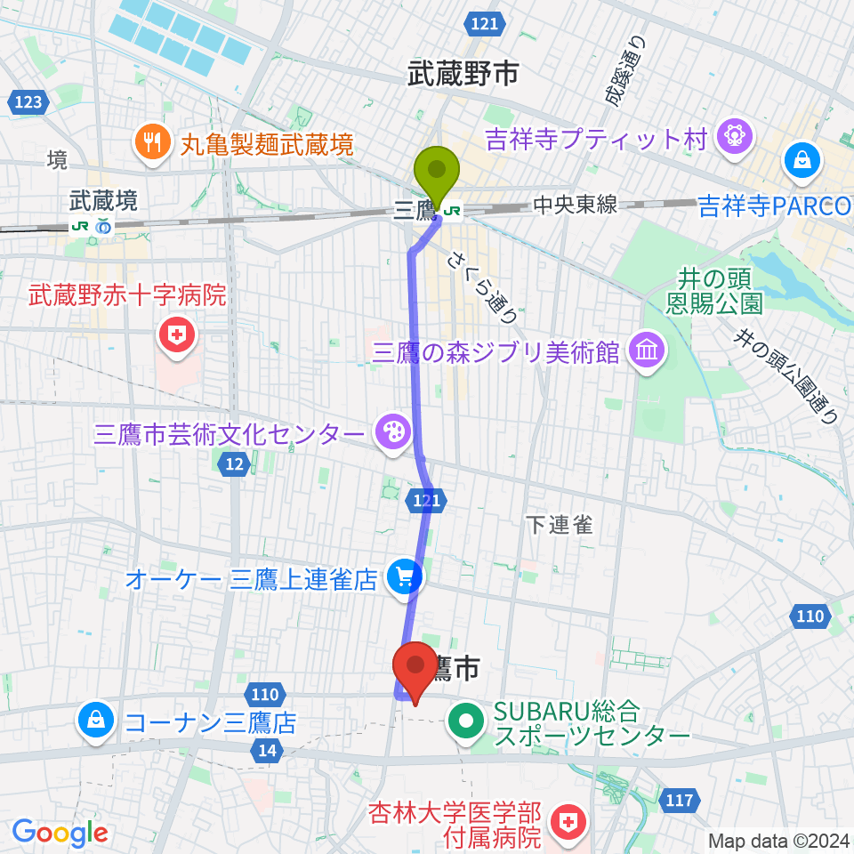 三鷹市公会堂の最寄駅三鷹駅からの徒歩ルート（約36分）地図