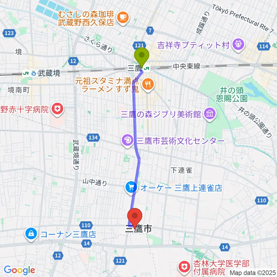 三鷹市公会堂の最寄駅三鷹駅からの徒歩ルート（約36分）地図