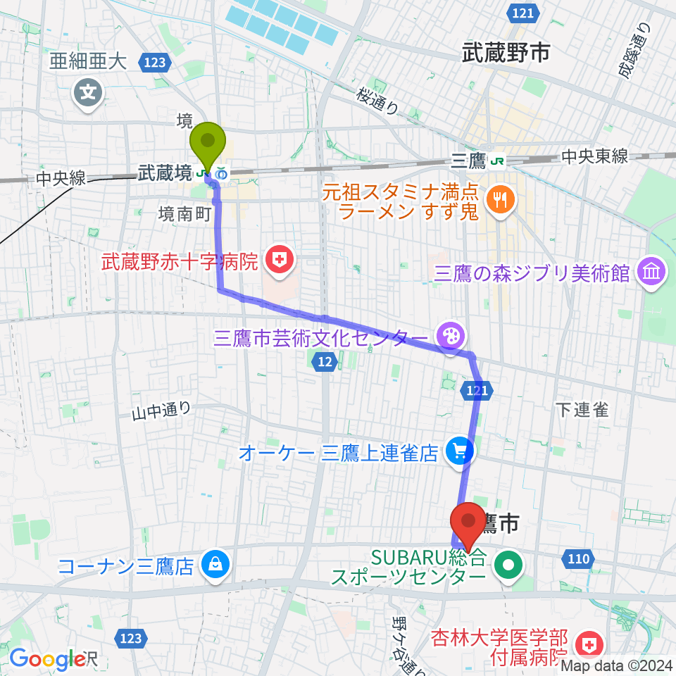 武蔵境駅から三鷹市公会堂へのルートマップ地図