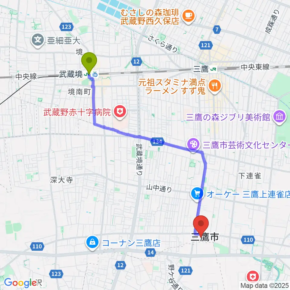 武蔵境駅から三鷹市公会堂へのルートマップ地図