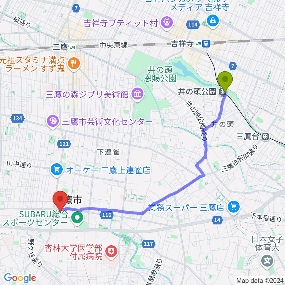 井の頭公園駅から三鷹市公会堂へのルートマップ地図