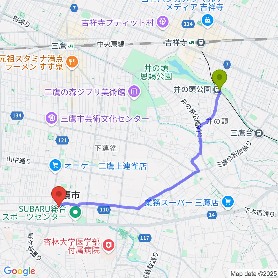 井の頭公園駅から三鷹市公会堂へのルートマップ地図