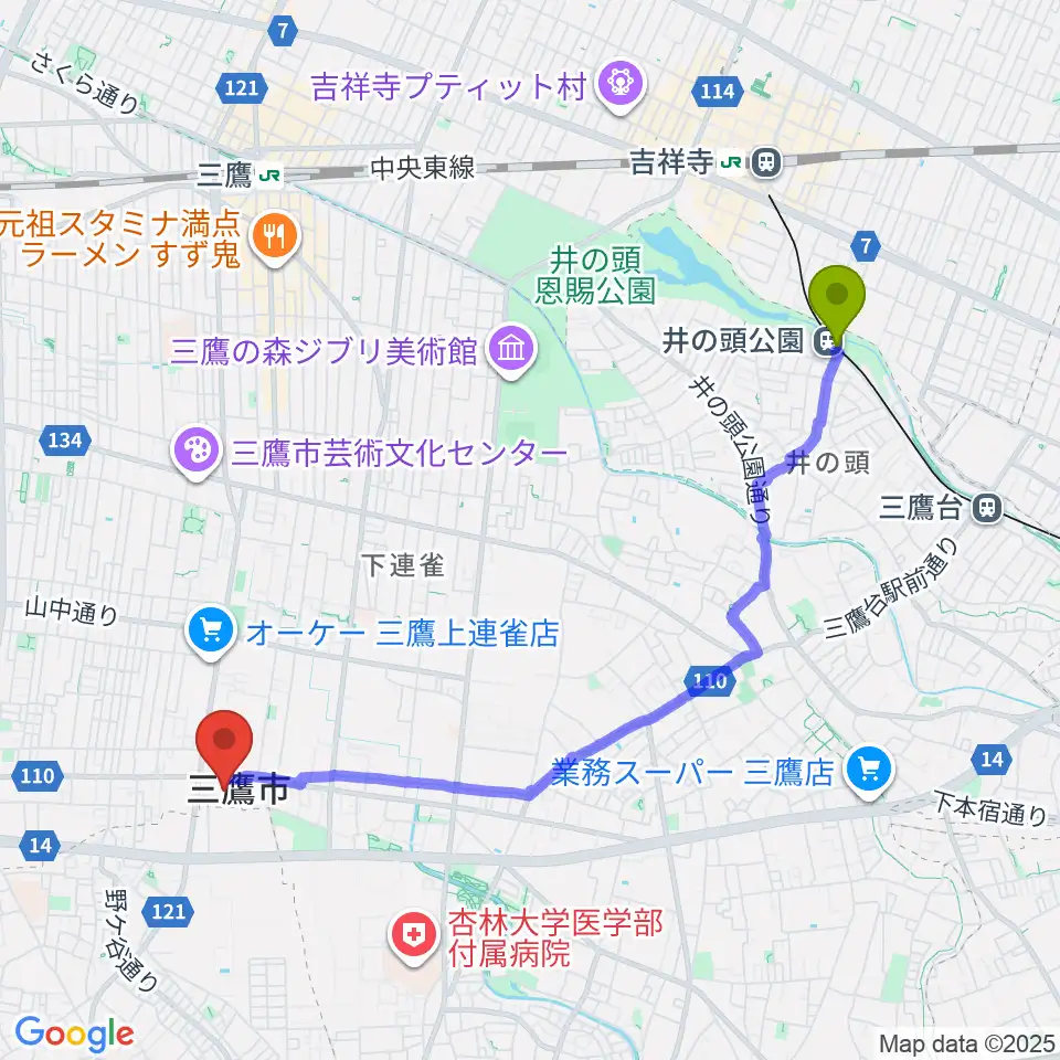 井の頭公園駅から三鷹市公会堂へのルートマップ地図