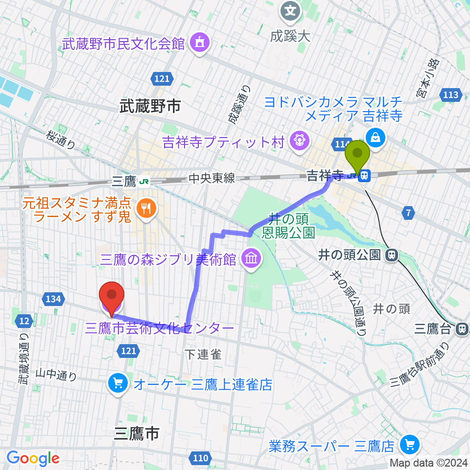 吉祥寺駅から三鷹市芸術文化センターへのルートマップ地図