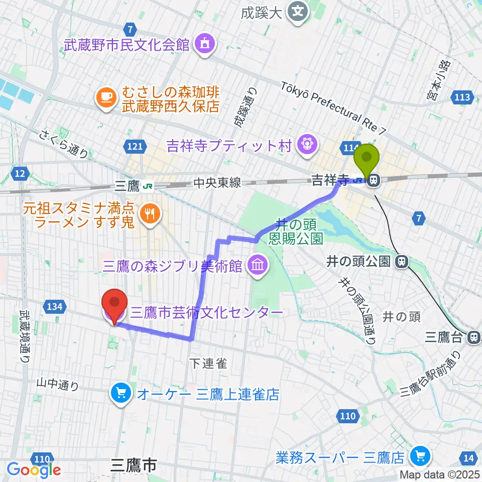 吉祥寺駅から三鷹市芸術文化センターへのルートマップ地図