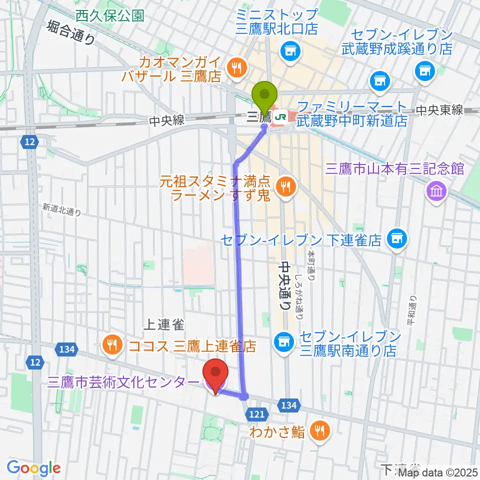 三鷹市芸術文化センターの最寄駅三鷹駅からの徒歩ルート（約18分）地図