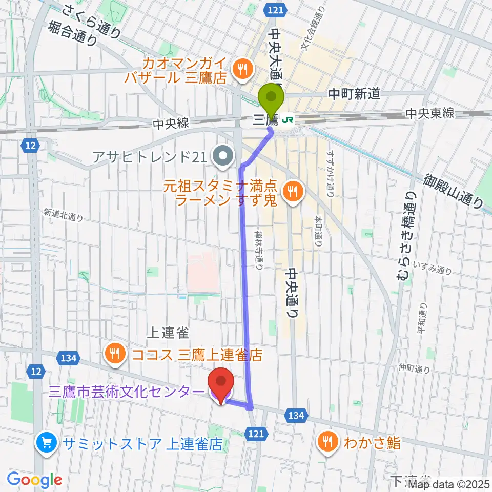 三鷹市芸術文化センターの最寄駅三鷹駅からの徒歩ルート（約18分）地図