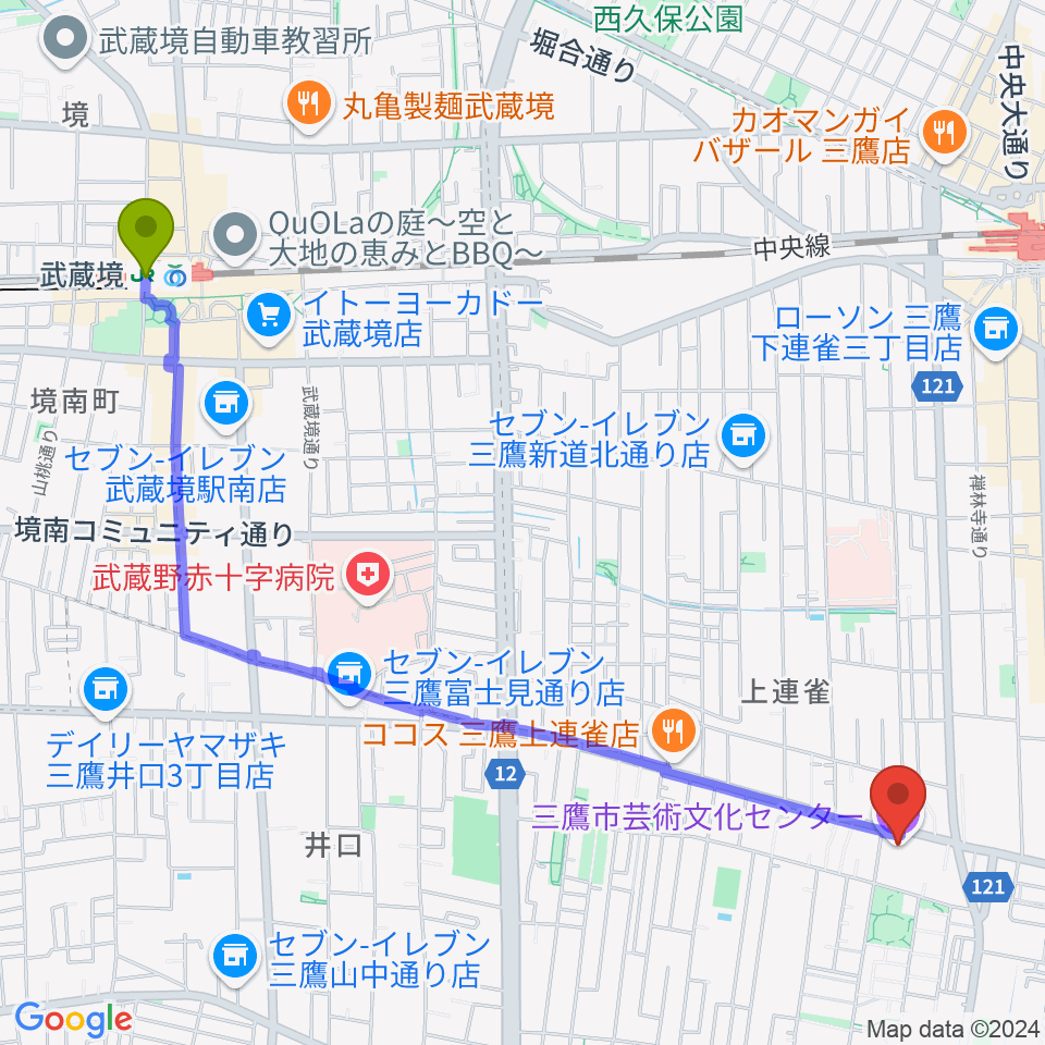 武蔵境駅から三鷹市芸術文化センターへのルートマップ地図