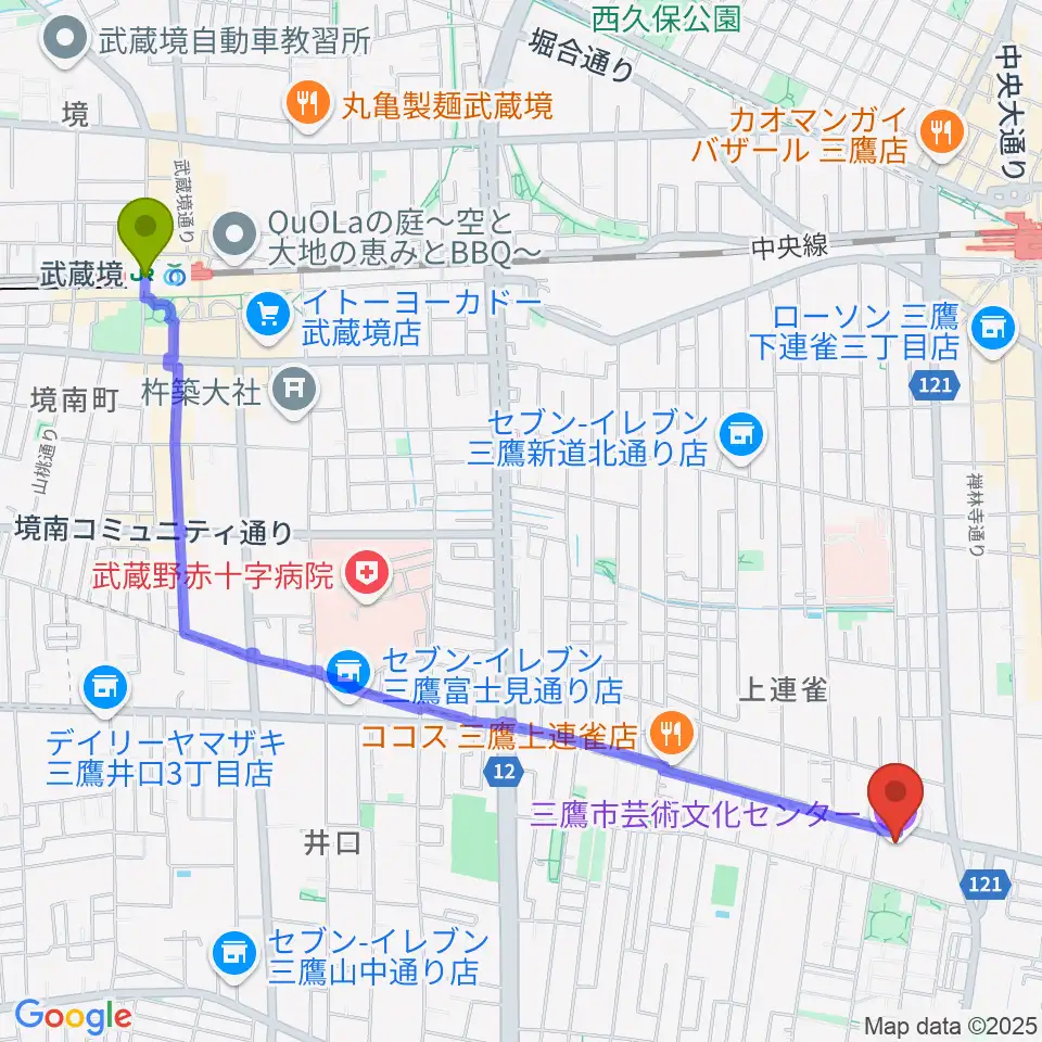 武蔵境駅から三鷹市芸術文化センターへのルートマップ地図