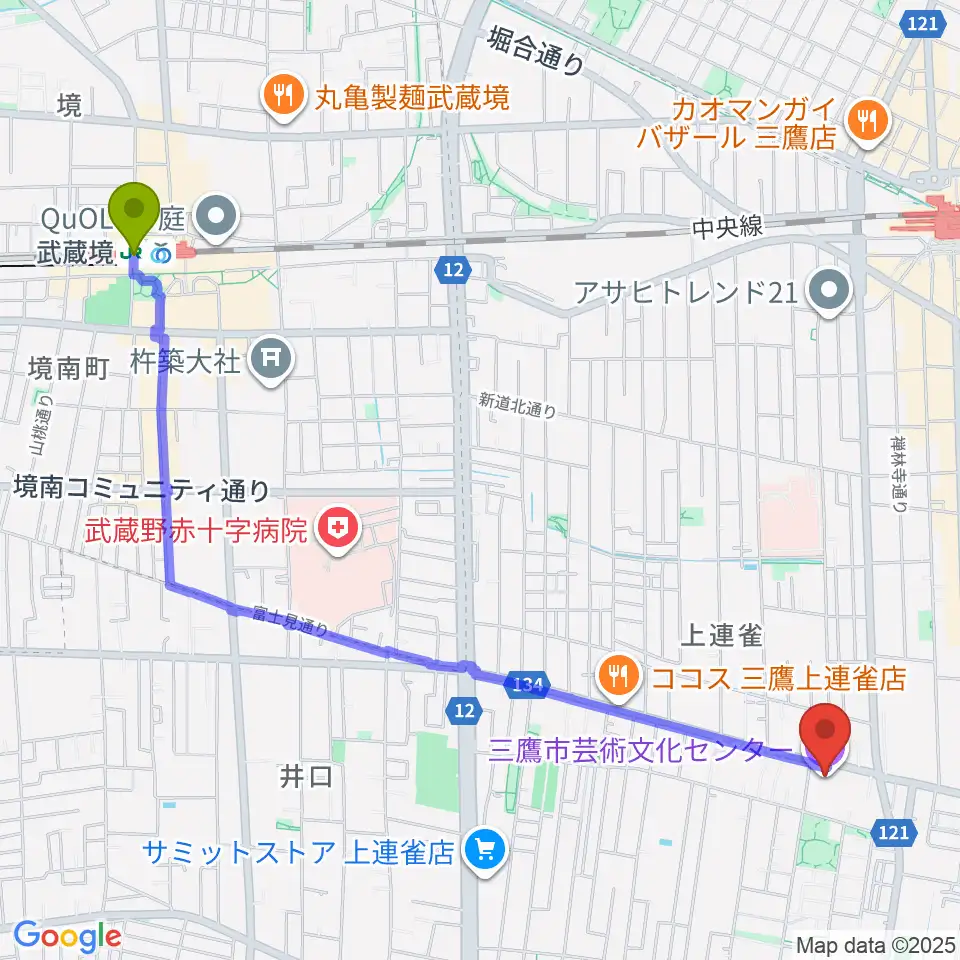 武蔵境駅から三鷹市芸術文化センターへのルートマップ地図
