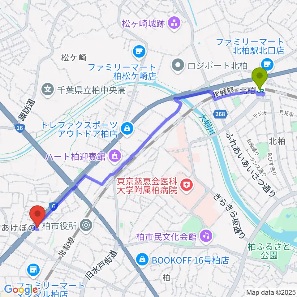 北柏駅から柏アライブへのルートマップ地図