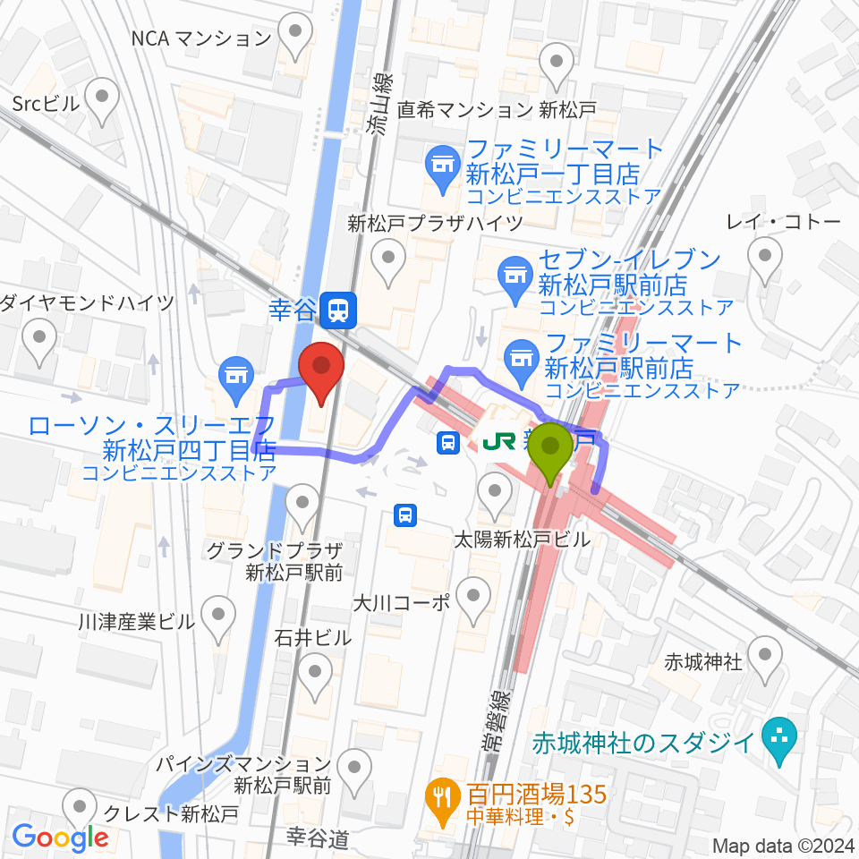 新松戸FIREBIRDの最寄駅新松戸駅からの徒歩ルート（約2分）地図