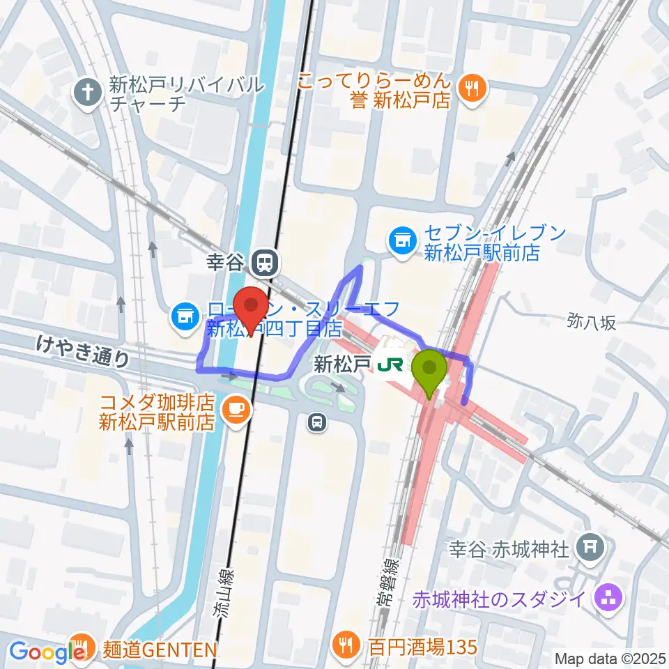 新松戸FIREBIRDの最寄駅新松戸駅からの徒歩ルート（約2分）地図