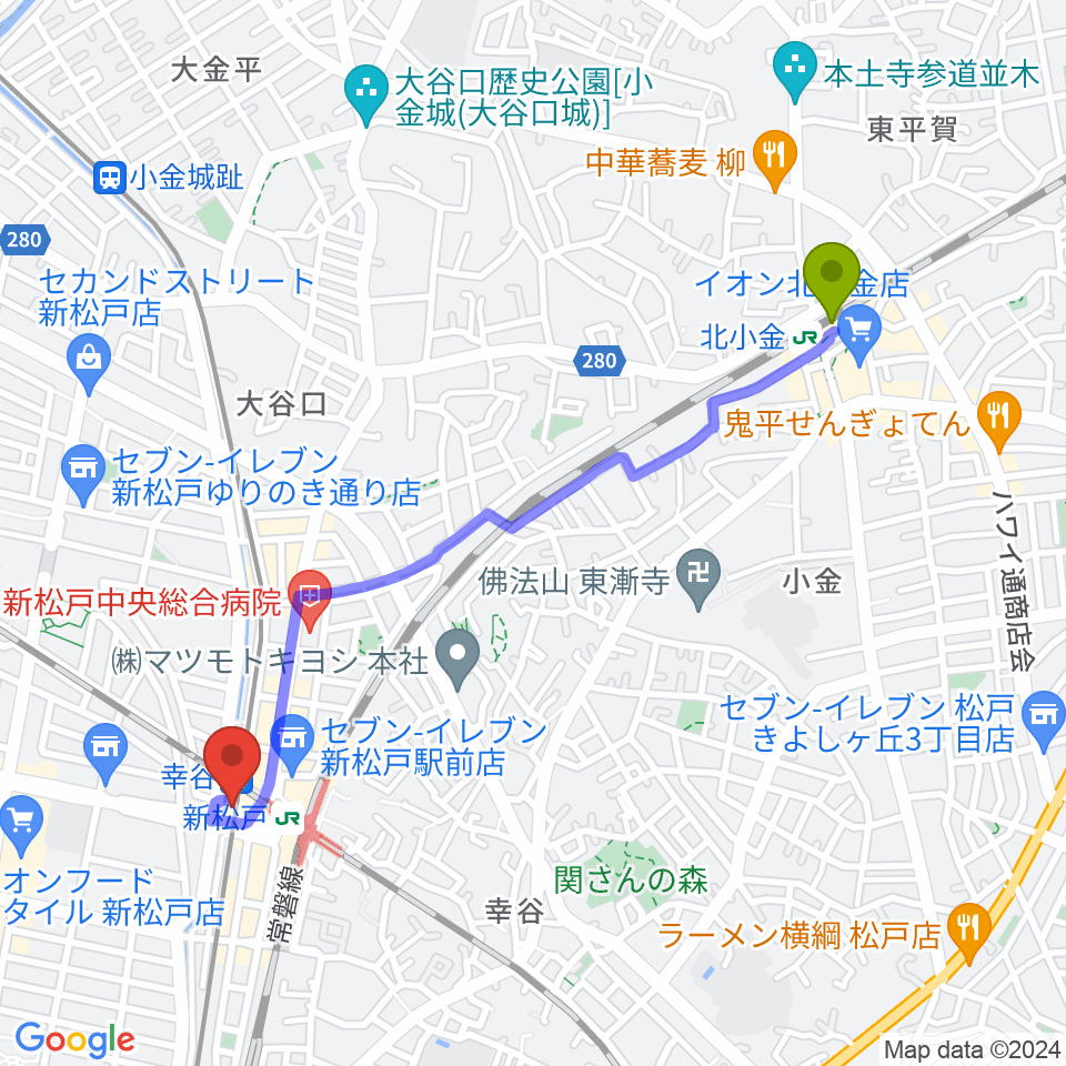 北小金駅から新松戸FIREBIRDへのルートマップ地図