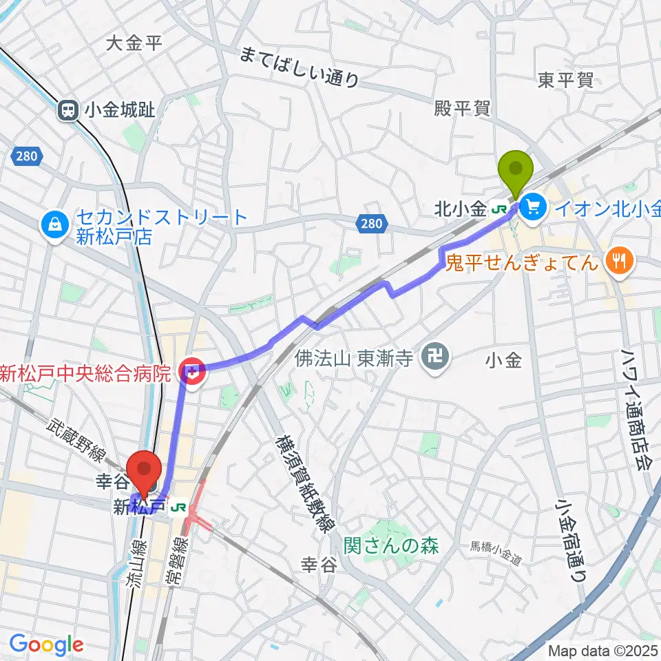 北小金駅から新松戸FIREBIRDへのルートマップ地図