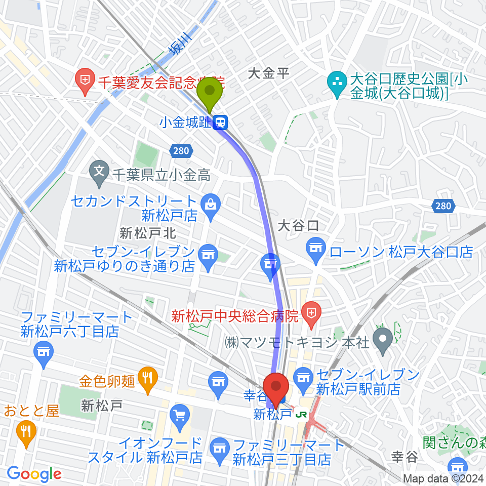 小金城趾駅から新松戸FIREBIRDへのルートマップ地図