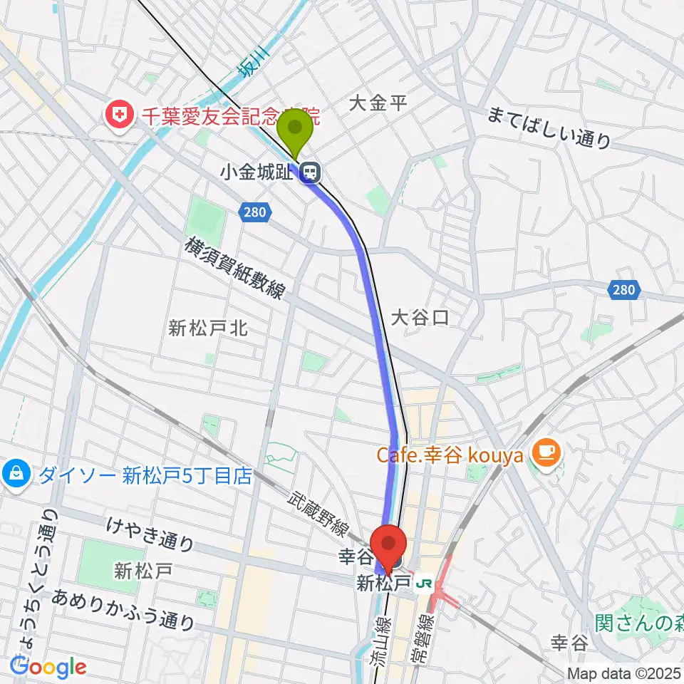 小金城趾駅から新松戸FIREBIRDへのルートマップ地図