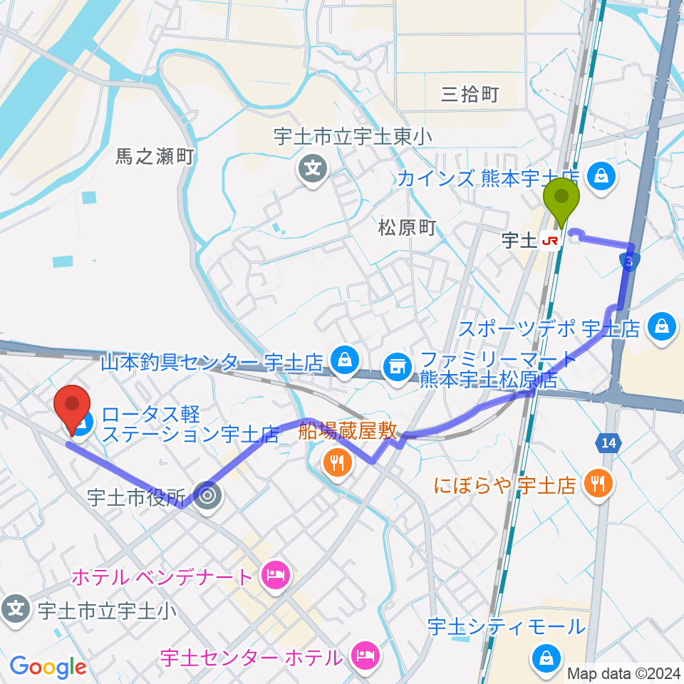 リップレコードボイストレーニング教室の最寄駅宇土駅からの徒歩ルート（約25分）地図