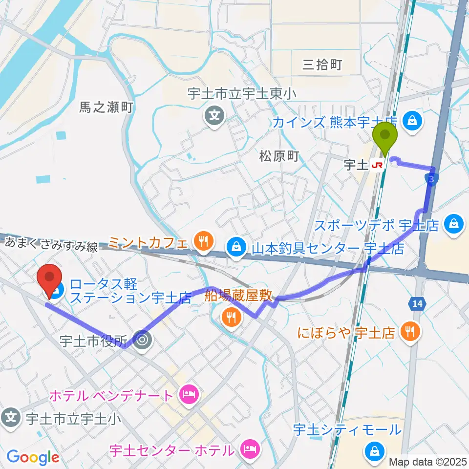 リップレコードボイストレーニング教室の最寄駅宇土駅からの徒歩ルート（約25分）地図