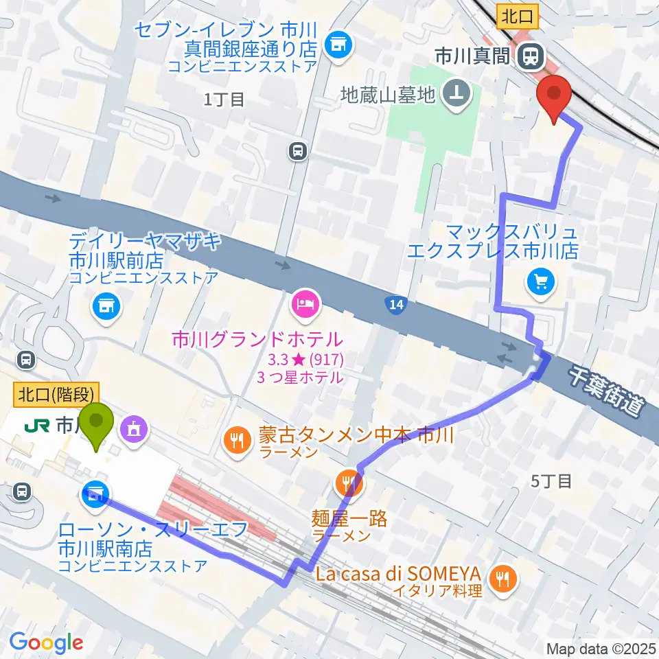 市川駅からアルマナックハウスへのルートマップ地図