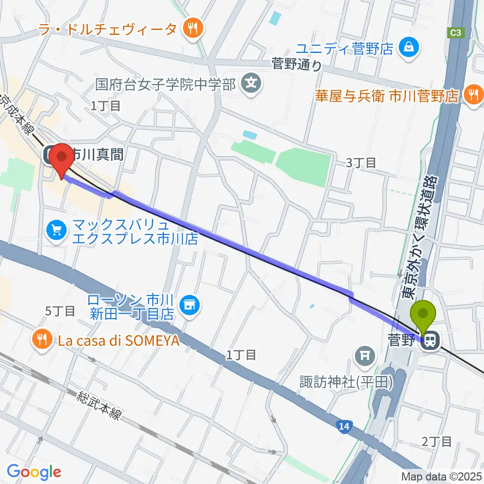 菅野駅からアルマナックハウスへのルートマップ地図