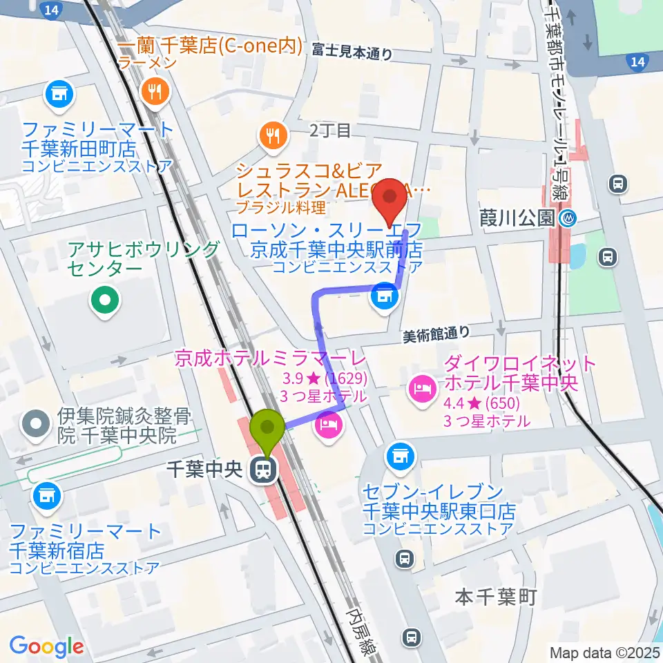 千葉中央駅からエイティワンクラブへのルートマップ地図