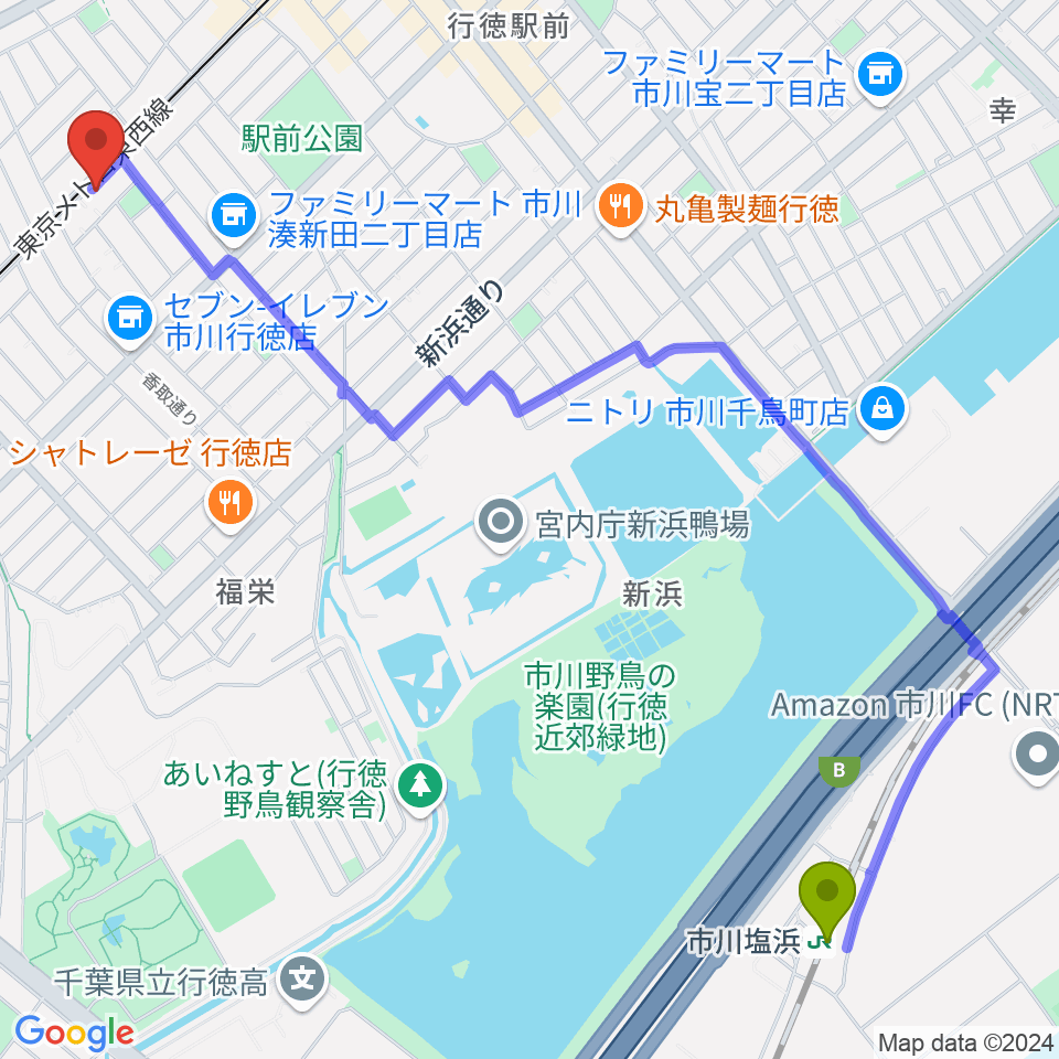 市川塩浜駅からホットハウスへのルートマップ地図