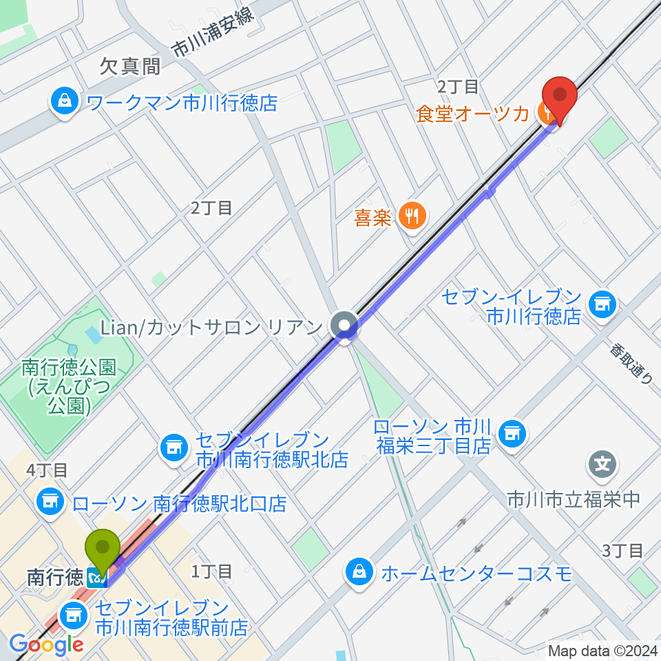 南行徳駅からホットハウスへのルートマップ地図