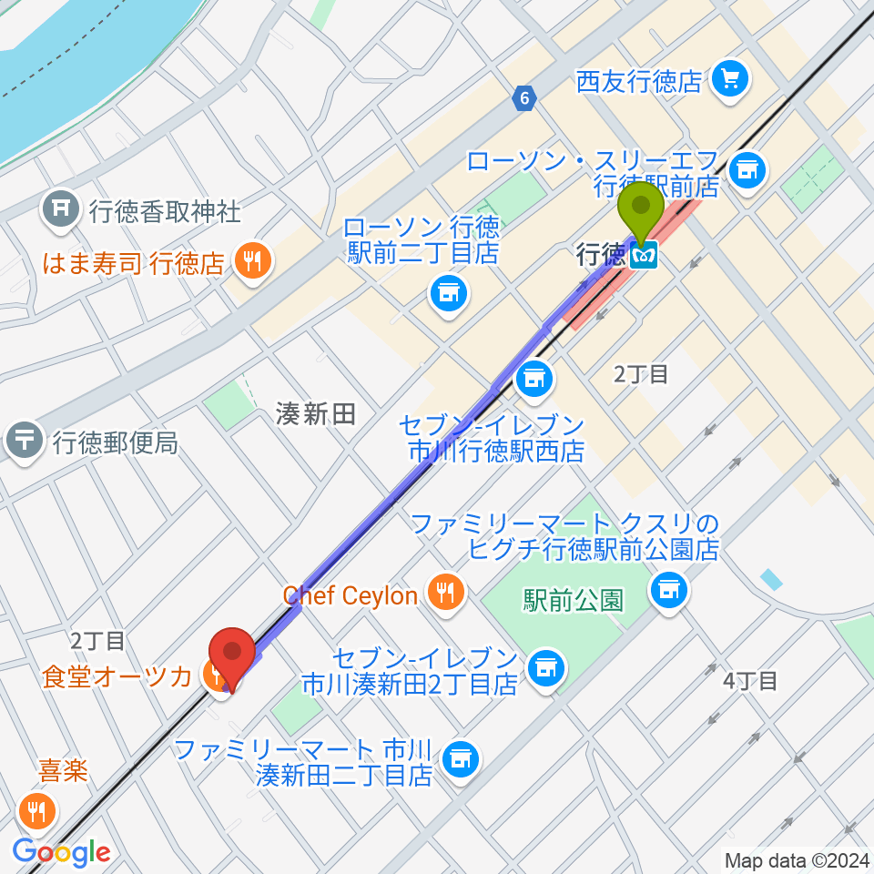 ホットハウスの最寄駅行徳駅からの徒歩ルート（約11分）地図