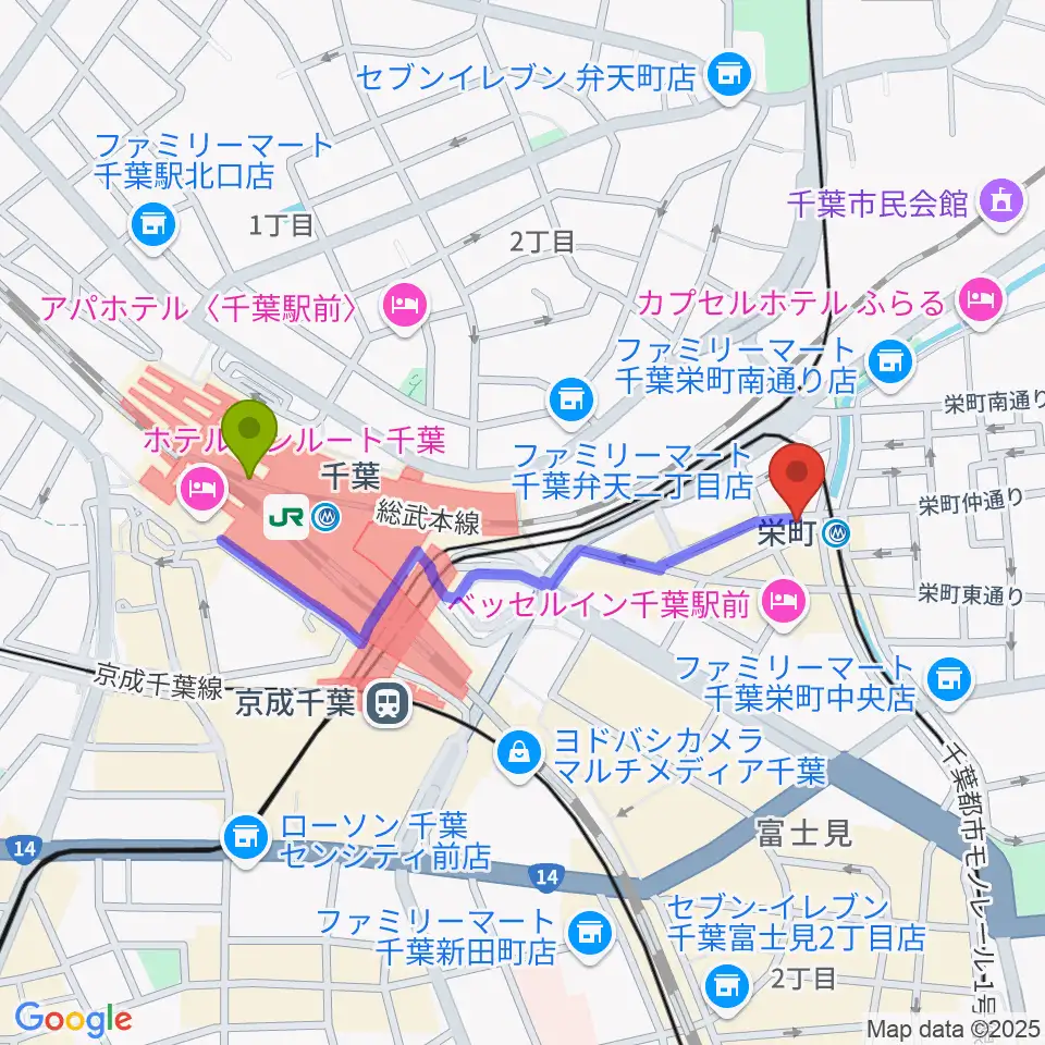 千葉駅から千葉LOOKへのルートマップ - MDATA