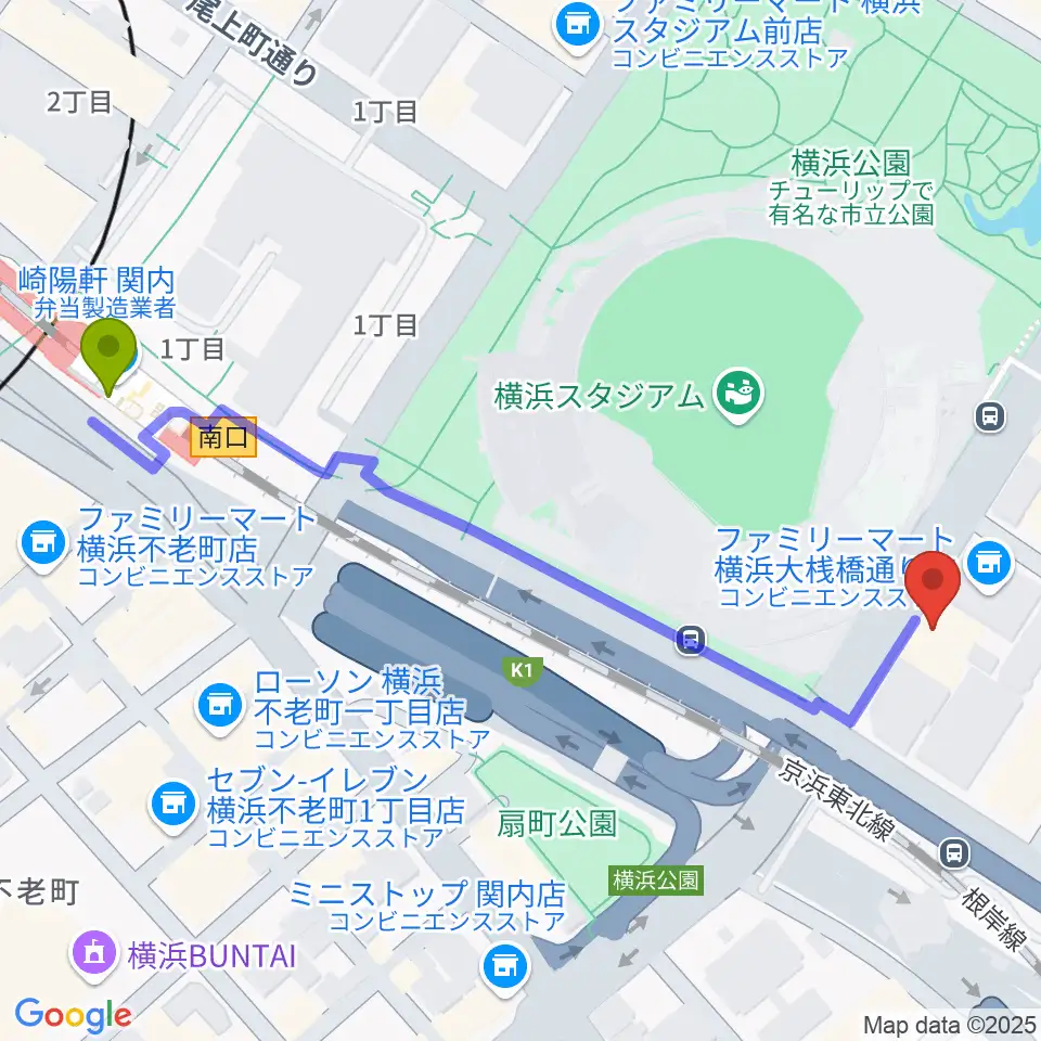 横浜セブンスアベニューの最寄駅関内駅からの徒歩ルート（約6分）地図