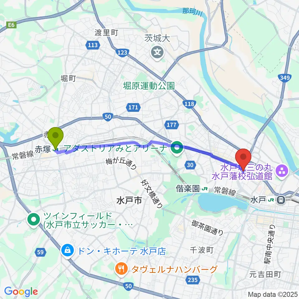 赤塚駅から水戸ライトハウスへのルートマップ地図
