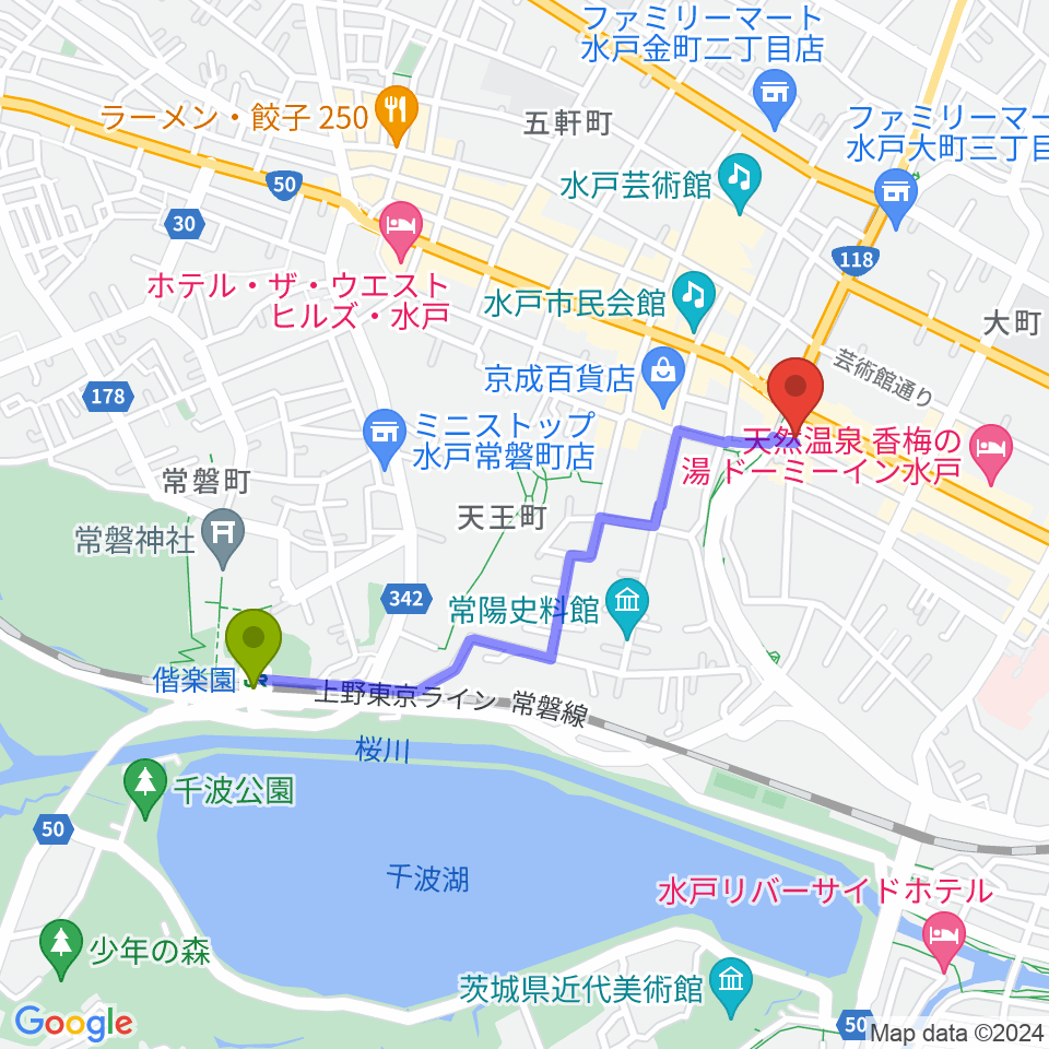 水戸ライトハウスの最寄駅偕楽園駅からの徒歩ルート（約18分）地図