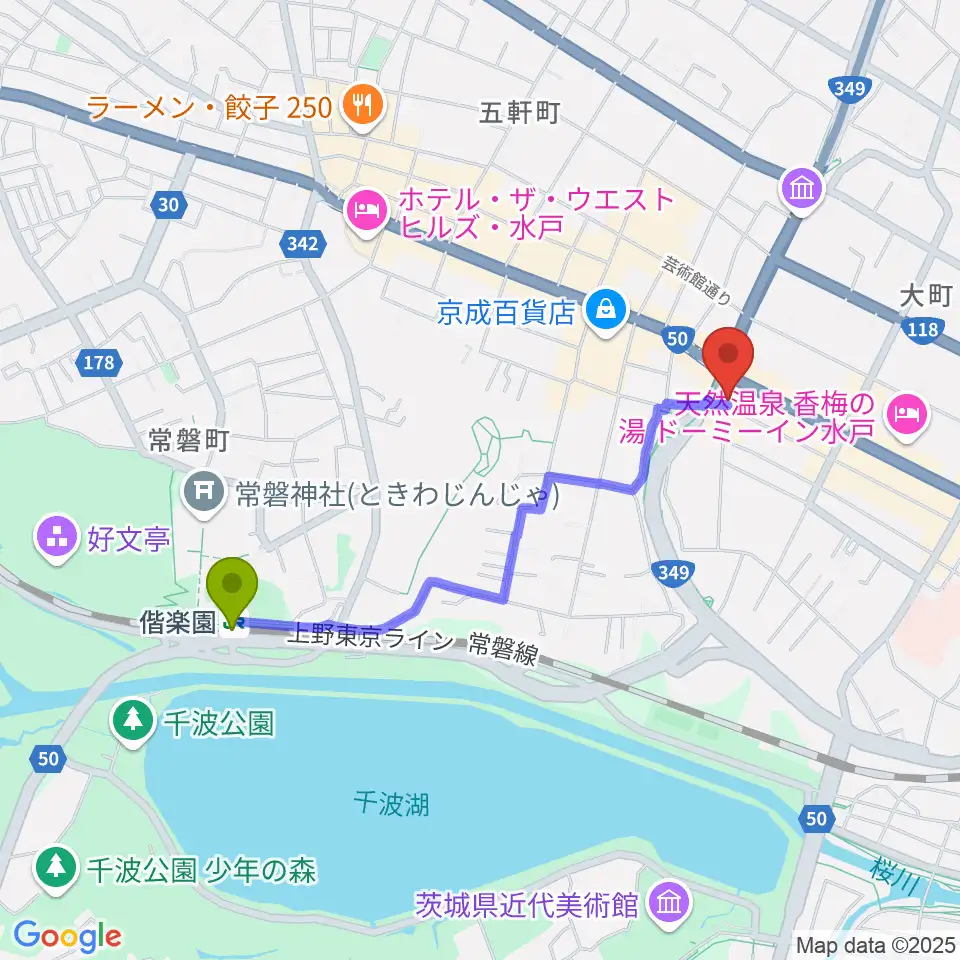 水戸ライトハウスの最寄駅偕楽園駅からの徒歩ルート（約18分）地図