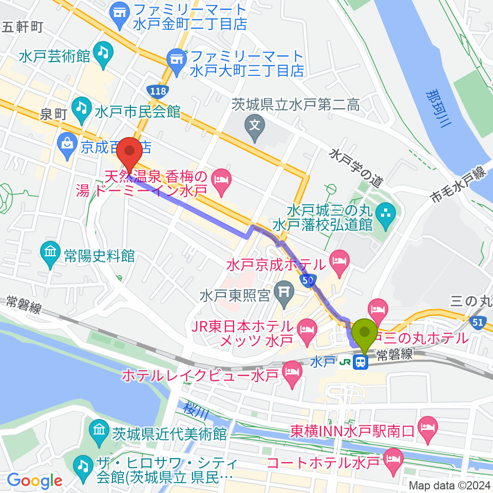 水戸駅から水戸ライトハウスへのルートマップ地図
