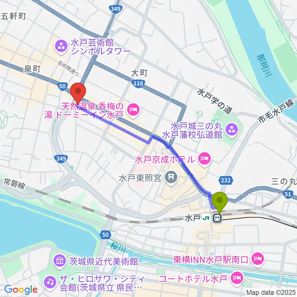 水戸駅から水戸ライトハウスへのルートマップ地図