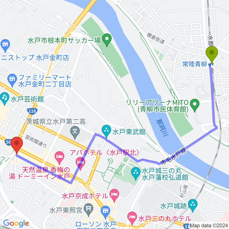 常陸青柳駅から水戸ライトハウスへのルートマップ地図