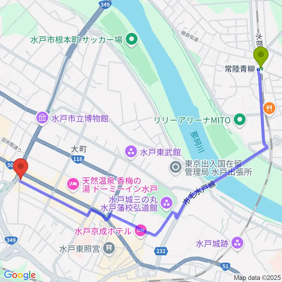 常陸青柳駅から水戸ライトハウスへのルートマップ地図