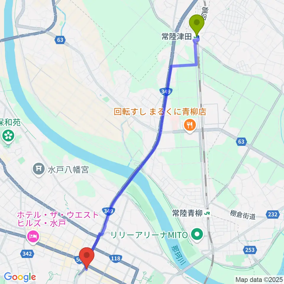 常陸津田駅から水戸ライトハウスへのルートマップ地図