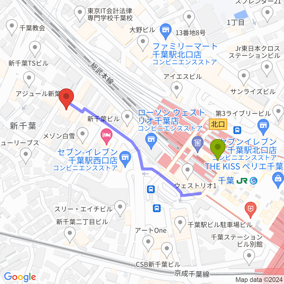 千葉駅から瑞庵2へのルートマップ地図