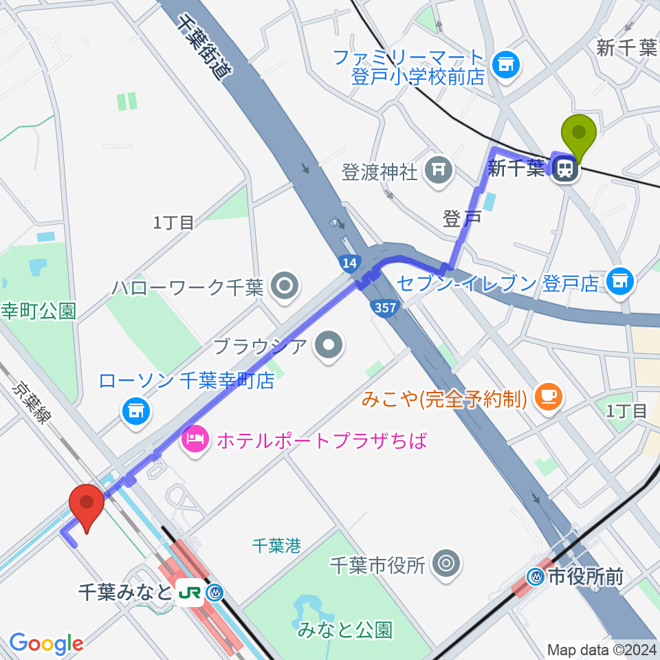 新千葉駅からJAZZ&BAR clipperへのルートマップ地図