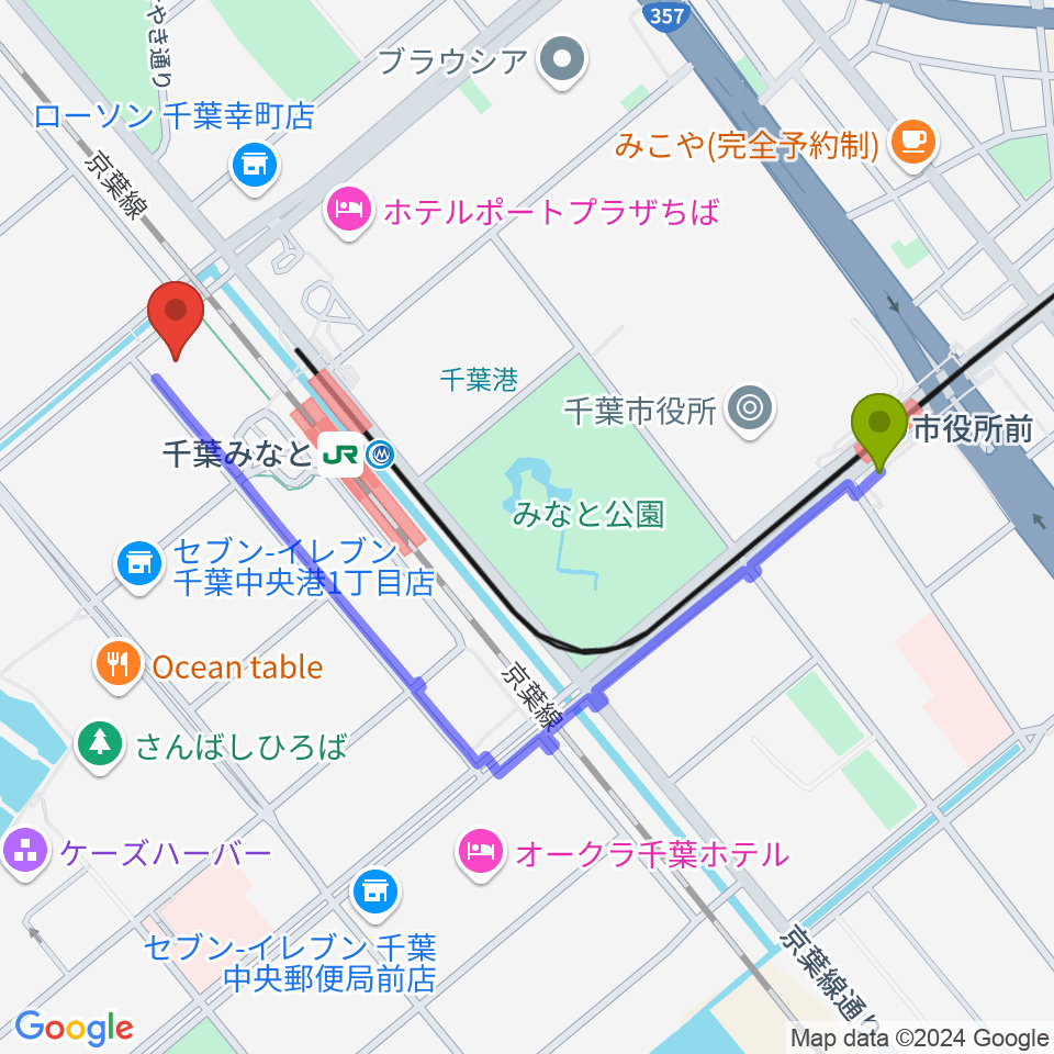 市役所前駅からJAZZ&BAR clipperへのルートマップ地図