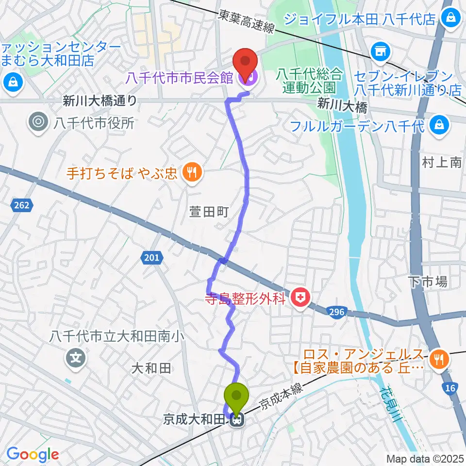 京成大和田駅から八千代市市民会館へのルートマップ地図