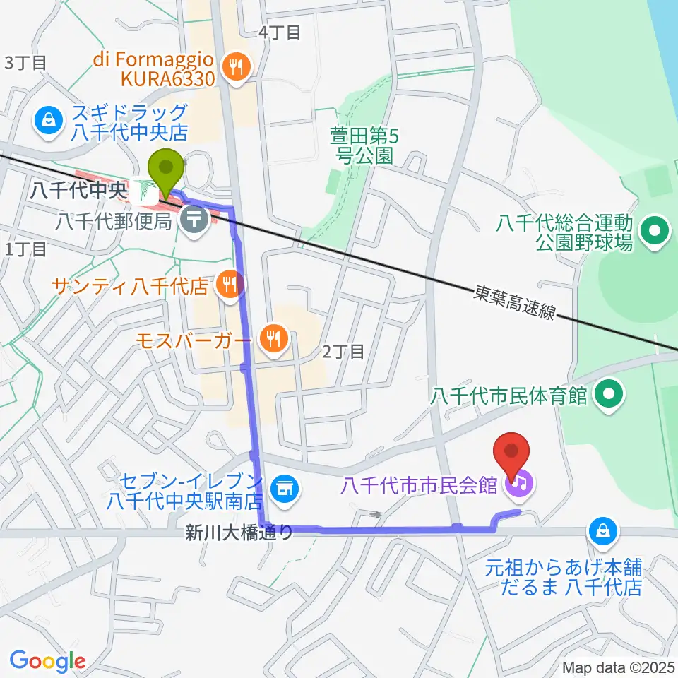 八千代市市民会館の最寄駅八千代中央駅からの徒歩ルート（約10分）地図