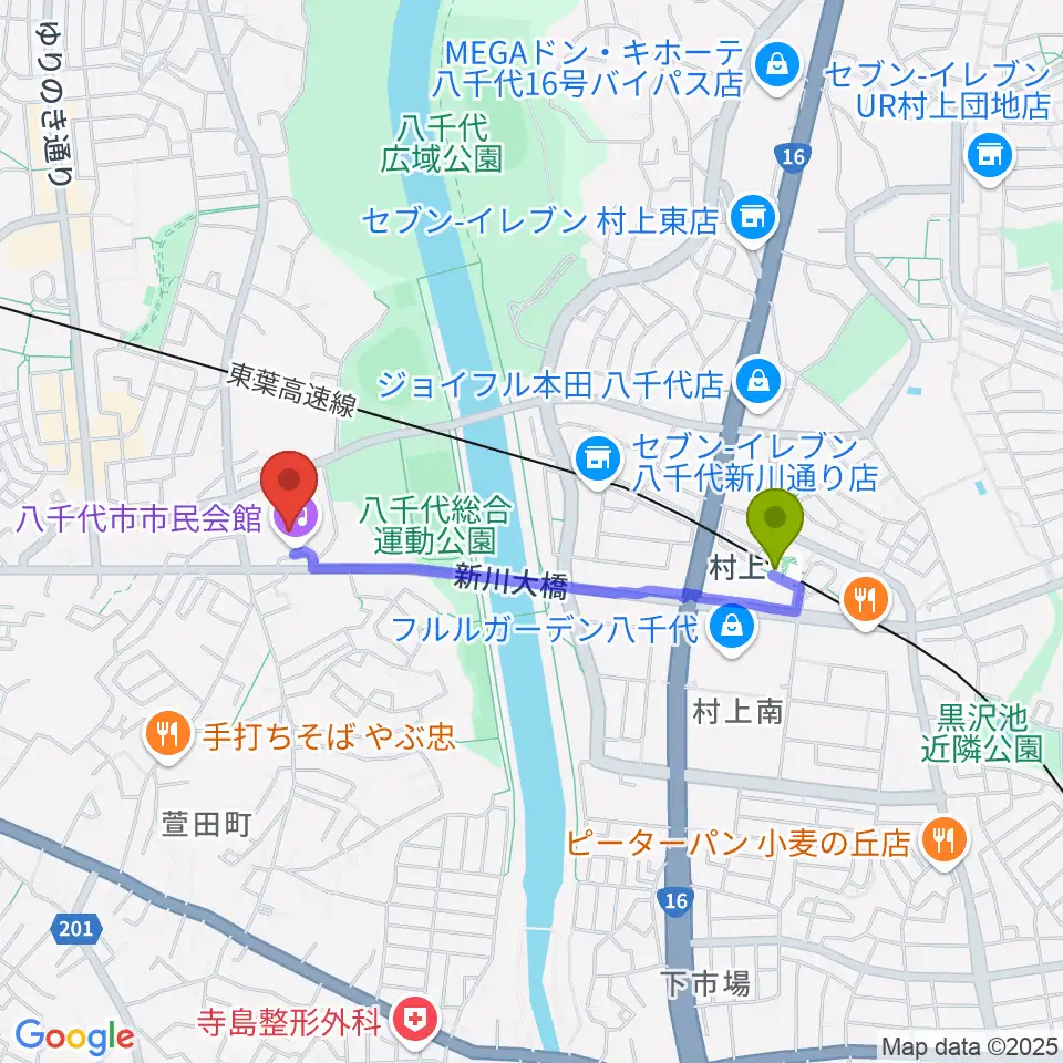 村上駅から八千代市市民会館へのルートマップ地図