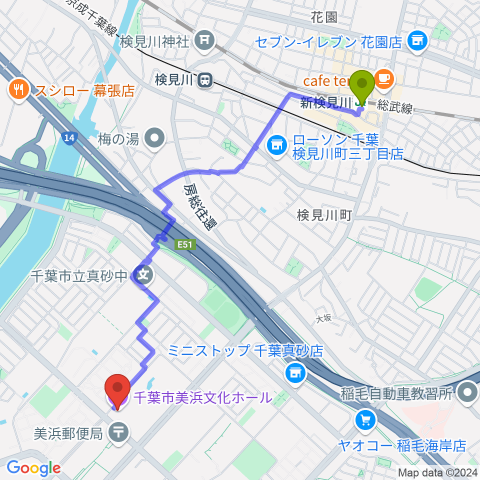 新検見川駅から千葉市美浜文化ホールへのルートマップ地図