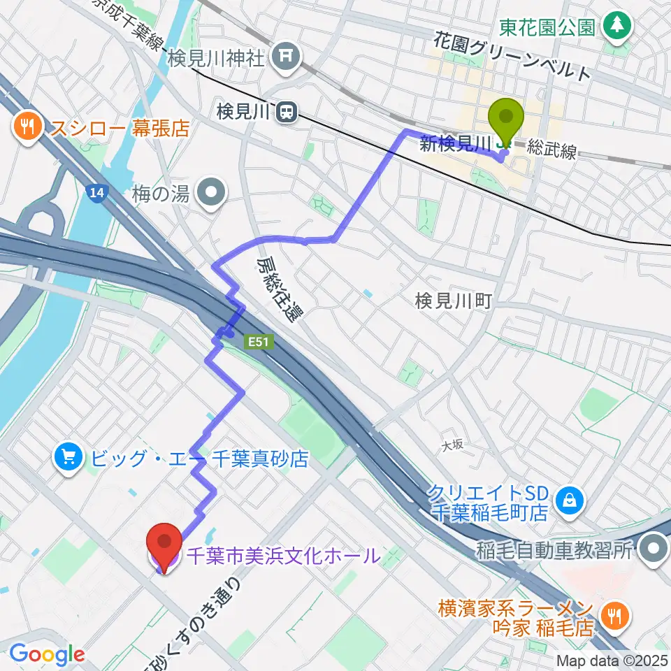 新検見川駅から千葉市美浜文化ホールへのルートマップ地図