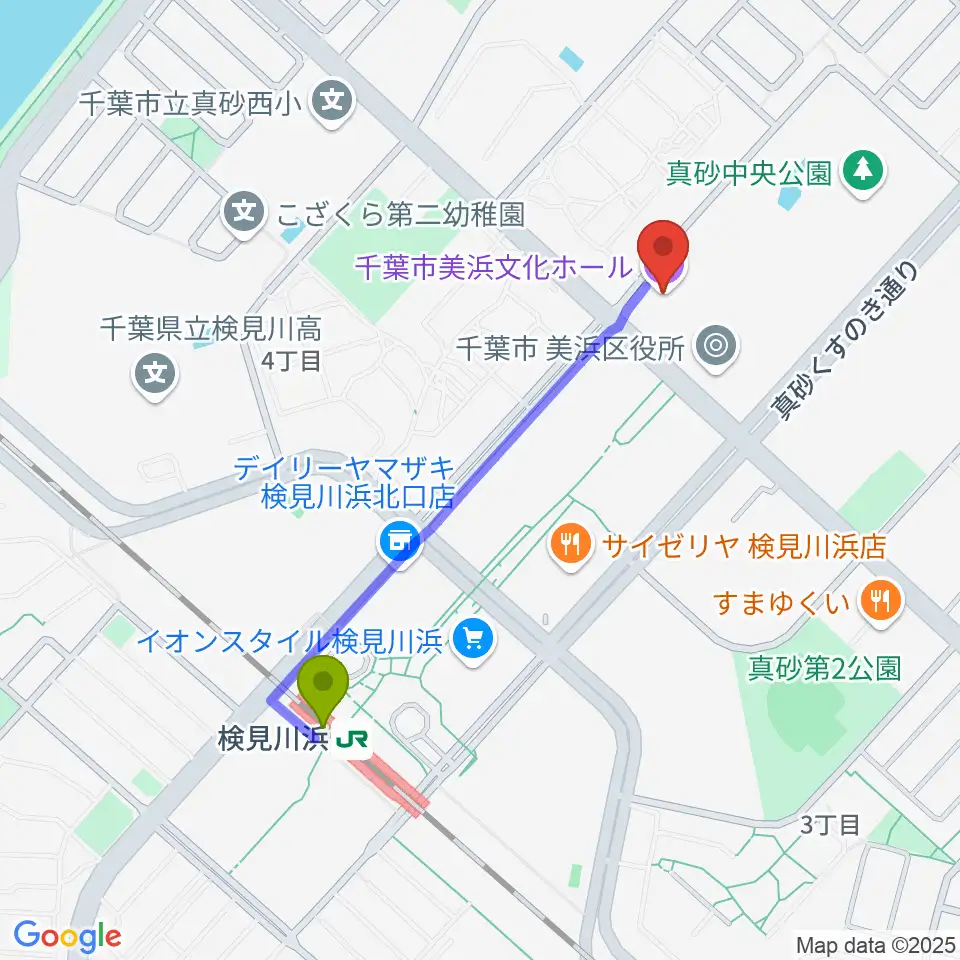 千葉市美浜文化ホールの最寄駅検見川浜駅からの徒歩ルート（約9分）地図