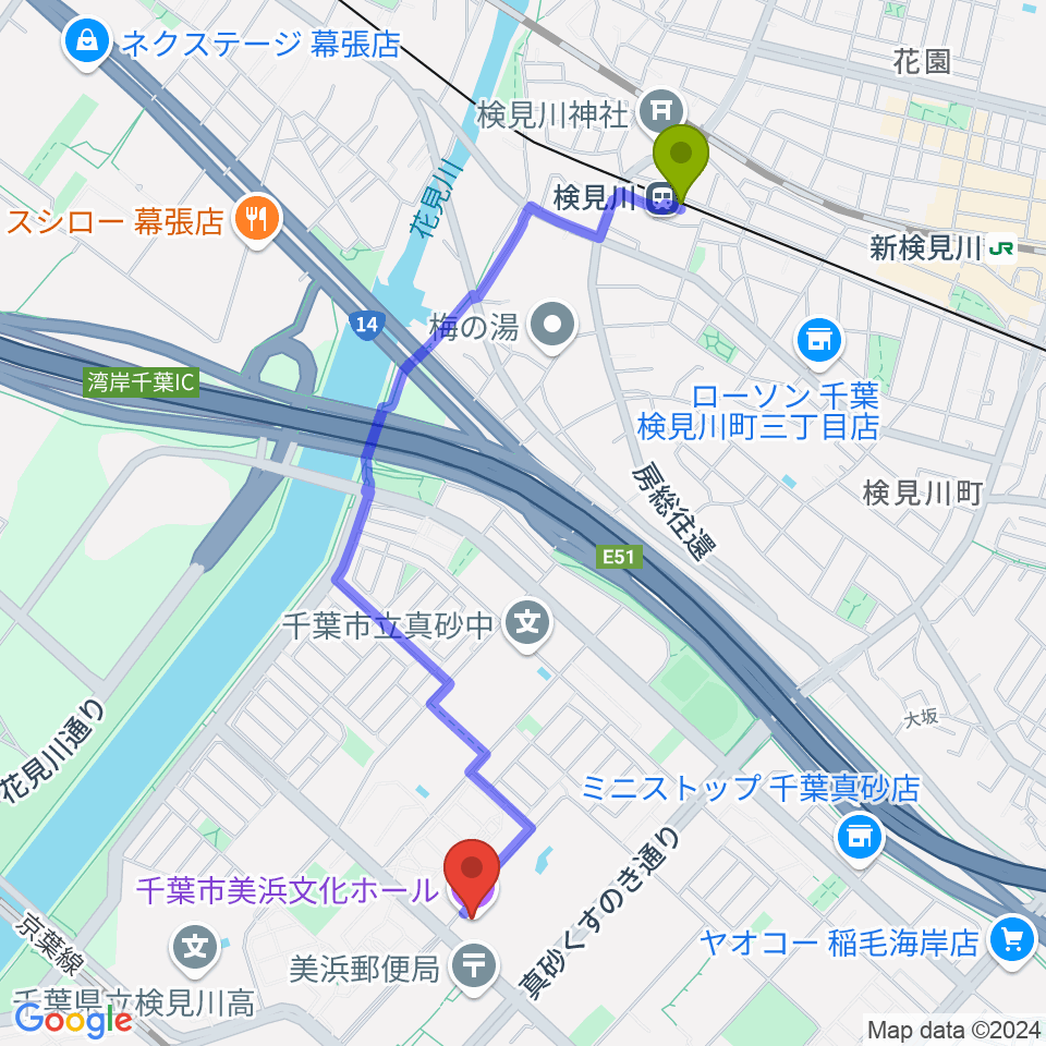 検見川駅から千葉市美浜文化ホールへのルートマップ地図